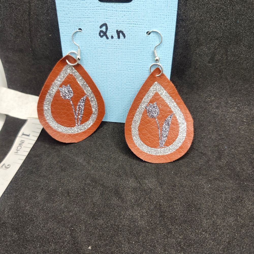 Hand Crafted Dangle Earring  Faux Leather Brown Teardrop Tulip Floral Design